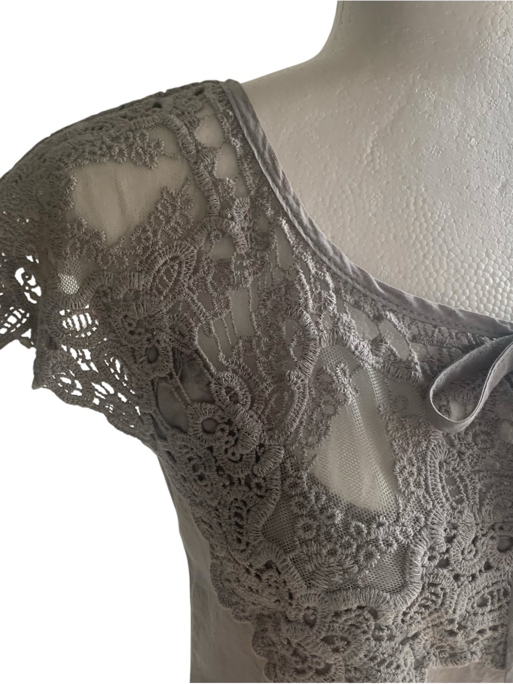Solitaire Lace & Tie front Tunic Blouse Elegant Feminine Bridgerton Pale Grey M - Picture 5 of 10